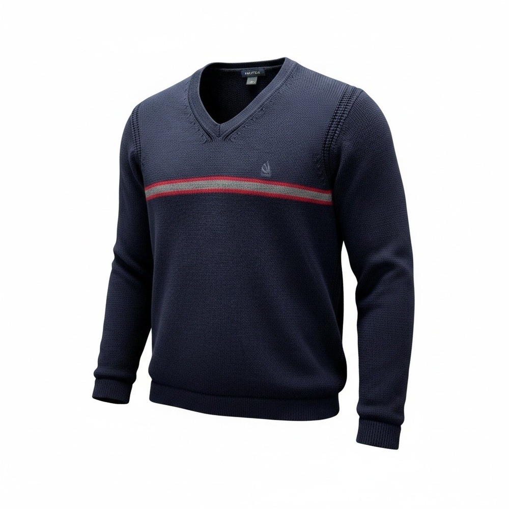 Nautica V-Neck Sweater M Navy Blue Y2K 90s Style Striped Cotton Knit Layering